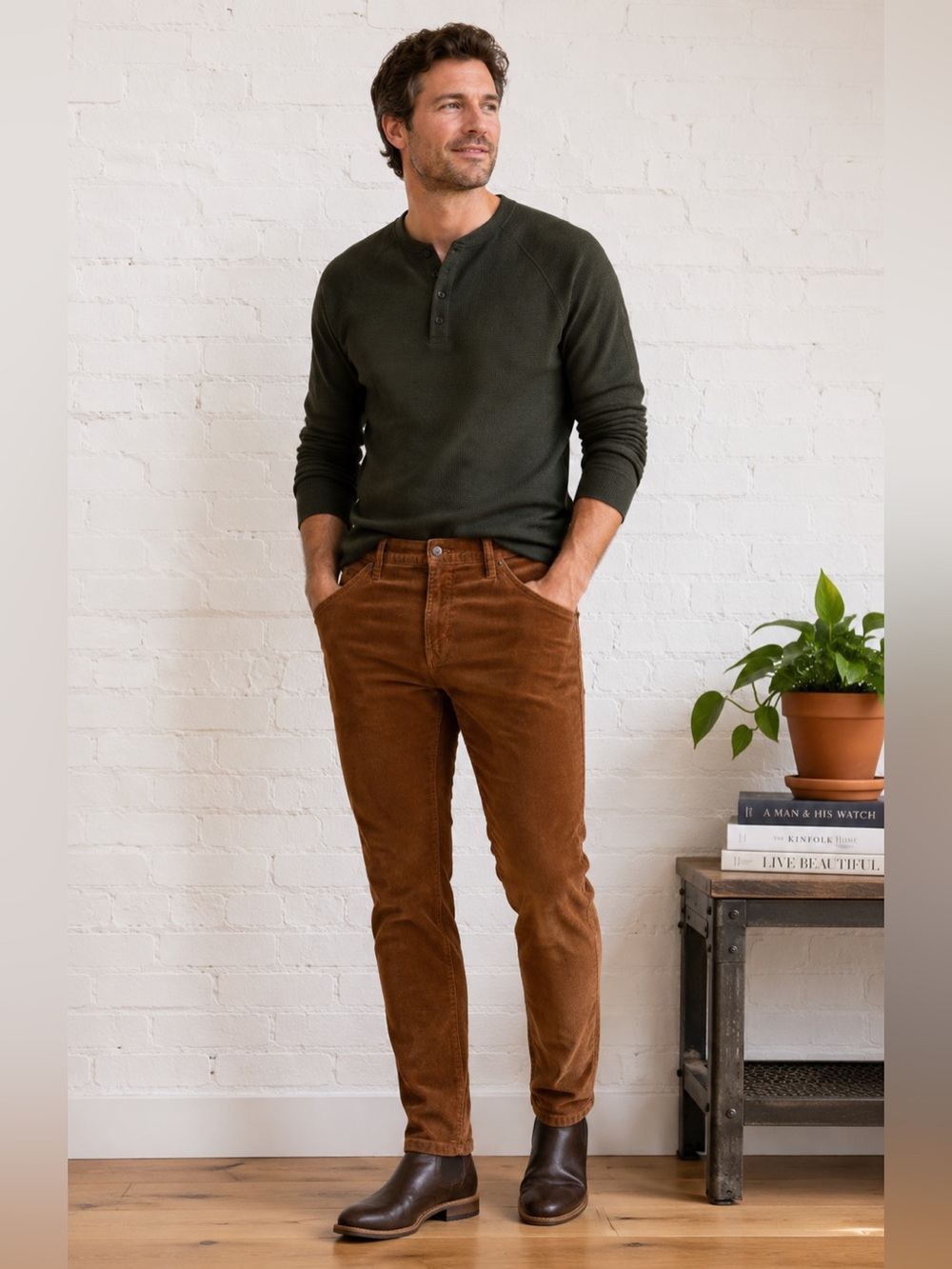 Mutual Weave Corduroy Cognac Brown Slim Fit Straight Stretch Pants 34”-30”